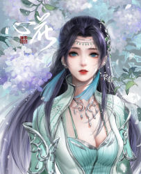 Rule 34 | 1girl, black hair, blue eyes, clothing cutout, collared dress, doupo cangqiong, dress, earrings, flower, green dress, highres, jewelry, long hair, necklace, open mouth, qiao zhong xie, solo, tassel, tassel earrings, upper body, yun yun (doupo cangqiong)