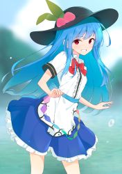 Rule 34 | 1girl, arms up, black hat, blue hair, blue skirt, blurry, blurry background, bow, bowtie, cropped legs, day, dress, grin, hat, highres, hinanawi tenshi, kanpa (campagne 9), layered dress, long hair, looking at viewer, mountain, outdoors, petticoat, red bow, red bowtie, red eyes, sash, shirt, short sleeves, skirt, smile, solo, standing, touhou, very long hair, water, water drop, white shirt