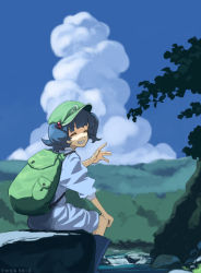Rule 34 | 1girl, backpack, bag, blue hair, blurry, boots, cloud, commentary, dated, day, depth of field, closed eyes, grin, hair bobbles, hair ornament, hand up, happy, hat, highres, kawashiro nitori, looking at viewer, looking back, mountain, outdoors, reiwa, river, rubber boots, shiratama (hockey), signature, sketch, skirt, sky, smile, solo, touhou, two side up, water, waterfall, waving