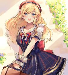 Rule 34 | 1girl, asagimu (tsuktsuk), blonde hair, blue dress, blue eyes, blush, bow, breasts, collarbone, commentary request, dress, hair bow, hair ornament, hat, holding, idolmaster, idolmaster cinderella girls, lolita fashion, long hair, looking at viewer, medium breasts, ohtsuki yui, open mouth, outdoors, puffy short sleeves, puffy sleeves, red hat, short sleeves, solo, standing, suitcase, teeth, upper body, upper teeth only, wavy hair, wrist cuffs