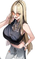 1girl :d adjusting_eyewear armpit_peek black_hair black_nails black_tank_top blonde_hair bra_over_clothes breasts chain chain_necklace cowboy_shot curtained_hair green_eyes hololive hololive_dev_is jewelry koganei_niko large_breasts long_hair looking_at_viewer mole mole_on_shoulder multicolored_hair necklace open_mouth orange-tinted_eyewear pants parted_bangs round_eyewear see-through_clothes see-through_shirt see-through_tank_top shirt simple_background smile solo streaked_hair sweatpants tank_top tinted_eyewear two-tone_hair uuroncha virtual_youtuber white_background