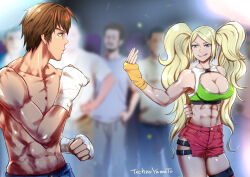 Rule 34 | 1boy, 1girl, abs, blonde hair, blue eyes, breasts, brown hair, cleavage, fighting, fighting stance, large breasts, multiple boys, muscular, shorts, tagme, twintails, yasuda makoto