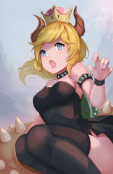 Rule 34 | 1girl, absurdres, armlet, black dress, black thighhighs, blonde hair, blue eyes, bowsette, bracelet, breasts, collar, collarbone, dress, fangs, highres, horns, jewelry, long hair, mario (series), medium breasts, new super mario bros. u deluxe, nintendo, open mouth, solo, spiked armlet, spiked collar, spiked shell, spiked tail, spikes, strapless, super crown, tail, thighhighs, weiyu (jj33jj55)