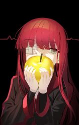 Rule 34 | 1girl, apple, black background, black jacket, cardiogram, food, fruit, gauze over eye, golden apple, grey eyes, hands up, hi i dubu, highres, holding, holding food, holding fruit, jacket, limbus company, long hair, long sleeves, looking to the side, pink hair, project moon, simple background, solo, upper body, very long hair, yuri (project moon)