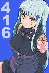 Rule 34 | 1girl, black skirt, blue background, blue hair, breasts, character name, eyewear in mouth, girls&#039; frontline, green eyes, highres, hk416 (girls&#039; frontline), large breasts, long hair, looking at viewer, mouth hold, open mouth, sitting, skirt, solo, uniform, yu 416416