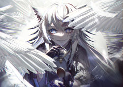 Rule 34 | 1girl, animal ears, arknights, black coat, black gloves, blue eyes, bright pupils, coat, coin, fur trim, glint, gloves, grin, holding, holding coin, holding pocket watch, jewelry, lappland (arknights), lappland (refined horrormare) (arknights), long hair, looking at viewer, necklace, official alternate costume, open clothes, open coat, parted lips, pocket watch, scar, scar across eye, scar on face, sharp teeth, skull necklace, smile, solo, teeth, upper body, very long hair, watch, white hair, wings, wolf ears, yo-ba yo