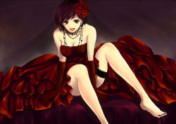 Rule 34 | 1girl, :d, bare legs, bare shoulders, barefoot, brown hair, dress, elbow gloves, flower, formal, gloves, hair flower, hair ornament, jewelry, leaning forward, lipstick, makeup, meiko (vocaloid), nail polish, necklace, open mouth, red dress, red eyes, red lips, red theme, rose, sanho, short hair, sitting, smile, solo, thigh strap, vocaloid