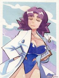 Rule 34 | 1girl, :3, artist name, bare legs, blue background, blue one-piece swimsuit, blue shirt, border, breasts, cloud, coat, creatures (company), curvy, game freak, grey eyes, jewelry, lab coat, large breasts, looking at viewer, medium hair, necklace, nintendo, one-piece swimsuit, open clothes, open mouth, open shirt, painting (medium), philena ivy, pokemon, pokemon (anime), pokemon (classic anime), purple one-piece swimsuit, shiny skin, shirt, sky, smile, solo, swimsuit, traditional media, twitter username, watercolor (medium), white border, wide hips