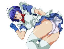 Rule 34 | 1girl, ass, blue hair, breasts, eyepatch, green eyes, highres, ikkitousen, large breasts, legs, looking at viewer, lying, maid, open mouth, panties, ryomou shimei, short hair, solo, thighs, underwear, yabusame