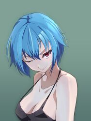 Rule 34 | 1girl, arms at sides, ayanami rei, bare shoulders, black shirt, blue hair, breasts, cleavage, collarbone, commentary, from side, green background, hair between eyes, halterneck, highres, light, looking at viewer, looking to the side, loose hair strand, medium breasts, neon genesis evangelion, noyama takenoko, one eye closed, red eyes, shirt, short hair, sideboob, simple background, sleeveless, smile, solo, upper body, upturned eyes, v-shaped eyebrows