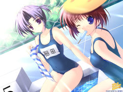 Rule 34 | 2girls, chain-link fence, covered navel, day, dutch angle, fence, food, highres, light rays, looking at viewer, mikeou, mouth hold, multiple girls, name tag, one-piece swimsuit, one eye closed, outdoors, pool, poolside, popsicle, purple eyes, purple hair, school swimsuit, sitting, sunbeam, sunlight, swimsuit, towel, water