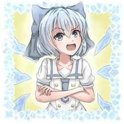 Rule 34 | &gt;:d, 1girl, :d, alternate costume, blue eyes, blue hair, border, bow, cirno, cosplay, crossed arms, gochuumon wa usagi desu ka?, hair bow, heart, heart-shaped pupils, ice, ice wings, kafuu chino, kafuu chino (cosplay), large bow, looking at viewer, matching hair/eyes, name connection, necktie, open mouth, school uniform, shiroi kawauso, short hair, smile, solo, symbol-shaped pupils, touhou, upper body, v-shaped eyebrows, wings
