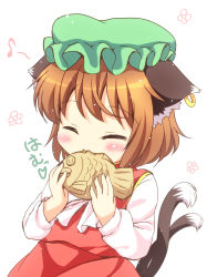 Rule 34 | 1girl, :3, ^ ^, animal ears, brown hair, cat ears, cat tail, chen, closed eyes, earrings, food, food in mouth, green hat, hat, jewelry, long sleeves, mob cap, multiple tails, musical note, nekomata, pila-pela, quaver, short hair, simple background, single earring, solo, tail, taiyaki, touhou, two tails, wagashi, white background