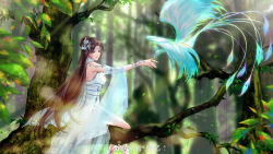 Rule 34 | 1girl, absurdres, bare legs, bird, branch, brown hair, closed mouth, doupo cangqiong, earrings, falling leaves, from behind, hair bun, hair ornament, highres, jewelry, leaf, light rays, liu zhe yi can yi, long hair, looking to the side, outstretched hand, phoenix, sitting, smile, solo, tree, yun yun (doupo cangqiong)
