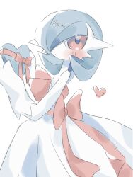 Rule 34 | 1girl, ^^^, alternate color, alternate shiny pokemon, back bow, bare shoulders, blue hair, bow, box, closed mouth, colored skin, creatures (company), dot mouth, dress, female focus, flat chest, game freak, gardevoir, gen 3 pokemon, gift, gift box, gloves, hair over one eye, hands up, heart, heart-shaped box, heart in eye, highres, holding, holding box, looking at viewer, mame (pixiv 57985908), mega gardevoir, mega pokemon, nintendo, one eye covered, pokemon, pokemon (creature), red bow, red eyes, sash, short hair, simple background, solo, strapless, strapless dress, symbol in eye, white background, white dress, white gloves, white skin