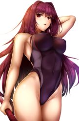 Rule 34 | .ronde, 1girl, arm up, bad id, bad pixiv id, breasts, competition swimsuit, covered navel, covered erect nipples, fate/grand order, fate (series), gae bolg (fate), highleg, highleg swimsuit, highres, holding, holding weapon, large breasts, long hair, looking at viewer, looking back, one-piece swimsuit, polearm, purple hair, red eyes, scathach (fate), scathach (fate), simple background, solo, spear, swimsuit, taut clothes, weapon, white background