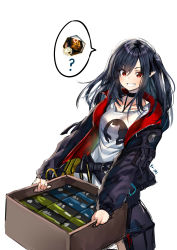 Rule 34 | 1girl, ?, absurdres, arknights, artist name, belt, black coat, black hair, box, choker, closure (arknights), coat, collarbone, commentary, crate, english commentary, grin, highres, holding, holding box, ku-ini, long hair, long sleeves, looking at viewer, originium (arknights), red eyes, sharp teeth, shirt, simple background, sketch, smile, solo, standing, teeth, twintails, white background, white shirt