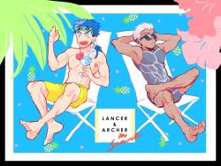 Rule 34 | 1boy, 1girl, 2boys, ^ ^, abs, archer (fate), arms behind head, bare shoulders, beach chair, bikkusama, blue background, blue hair, border, chair, closed eyes, cocktail, cu chulainn (fate), cu chulainn (fate/stay night), cup, dark-skinned male, dark skin, drinking glass, drinking straw, english text, closed eyes, fang, fate/stay night, fate (series), flower, food, fruit, highres, leaf, crossed legs, multiple boys, nipples, one-piece swimsuit, open mouth, pale skin, palm tree, pectorals, petals, pineapple, pink flower, topless male, sitting, sleeveless, summer, sunglasses, swimsuit, talking, teeth, toned, tree, white border, white hair