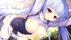Rule 34 | 1girl, bent over, blush, grabbing another&#039;s breast, breasts, breasts out, clothed sex, clothes lift, embarrassed, eyebrows hidden by hair, from below, fujino yuki, game cg, grabbing, grabbing from behind, haruoto alice gram, indoors, large breasts, legs, light purple hair, long hair, mitha, nipples, open mouth, original, panties, panty pull, pussy juice, red eyes, sex, skirt, skirt lift, sweater, sweater lift, thighhighs, thighs, turtleneck, turtleneck sweater, underwear, vaginal, wet