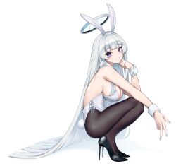 Rule 34 | 1girl, animal ears, black footwear, black pantyhose, blue archive, blue nails, blush, breasts, cleavage, detached collar, fake animal ears, fake tail, fingernails, full body, grey hair, grin, halo, high heels, highres, large breasts, leotard, long hair, looking at viewer, mechanical halo, nail polish, noa (blue archive), pantyhose, purple eyes, rabbit ears, rabbit tail, simple background, smile, solo, squatting, strapless, strapless leotard, tail, w, wakamepiza, white background, white leotard, wrist cuffs