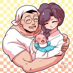Rule 34 | 1girl, 2boys, baby, baby carry, bandana, black hair, braid, brown hair, carrying, closed eyes, father and son, glasses, highres, husband and wife, japanese clothes, kimono, manly, mother and son, multiple boys, ranma 1/2, saotome genma, saotome nodoka, saotome ranma, shirt, single braid, single tear, wanta (futoshi), white kimono, white shirt, aged down