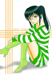 Rule 34 | 1girl, absurdres, bad id, bad pixiv id, black hair, boots, character name, collarbone, dress, eyelashes, female focus, glasses, green eyes, green footwear, highres, inu-ya-sha, knee boots, long hair, long sleeves, looking at viewer, nico robin, one piece, one piece: strong world, ponytail, shadow, shirt, sitting, solo, striped clothes, striped dress, striped shirt, striped sweater, sweater, sweater dress