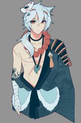 Rule 34 | 1boy, anemielle, arm tattoo, armor, asymmetrical clothes, bandaged hand, bead necklace, beads, blue hair, blue robe, fox mask, grey background, hair between eyes, highres, indie virtual youtuber, japanese armor, japanese clothes, jewelry, light smile, looking at viewer, low ponytail, magatama, magatama necklace, male focus, mask, mask on head, necklace, pelt, robe, scar, scar on arm, scar on chest, shoulder armor, simple background, tattoo, upper body, virtual youtuber, yasumu ameka