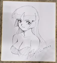 Rule 34 | 1girl, bare shoulders, collarbone, commission, dated, greyscale, houjin exaxxion, ink (medium), looking to the side, minagata isaka, monochrome, parted bangs, photo (medium), shikishi, signature, sketch, smile, solo, sonoda ken&#039;ichi, traditional media, white background