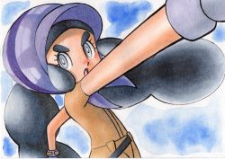 Rule 34 | 1girl, belt, black belt, black hair, blush, bonnet, brown jumpsuit, commentary request, creatures (company), eyelashes, game freak, gloves, grey eyes, grey gloves, hapu (pokemon), highres, jumpsuit, long hair, nintendo, nose blush, oka mochi, open mouth, outstretched arm, pokemon, pokemon (anime), pokemon sm (anime), purple headwear, short sleeves, solo, thick eyebrows, tongue, traditional media, twintails