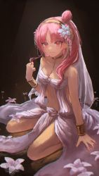 Rule 34 | 1girl, absurdres, arm support, bracelet, breasts, chain, closed mouth, dark background, dress, flower, gold chain, gold collar, hair bun, hair flower, hair ornament, hand up, highres, jewelry, kumagai yuka, light smile, looking at viewer, magi the labyrinth of magic, medium breasts, morgiana, o-ring, playing with own hair, red eyes, red hair, revealing clothes, sitting, sleeveless, sleeveless dress, solo, veil, wariza, white flower