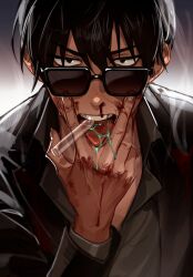 Rule 34 | 1boy, black eyes, black hair, black jacket, blood, blood on face, collared shirt, grey shirt, highres, jacket, just punisher, long sleeves, looking at viewer, male focus, nicholas d. wolfwood, nosebleed, open mouth, partially unbuttoned, shirt, short hair, solo, teeth, tongue, tongue out, trigun, trigun stampede, tsurime, upper body, upper teeth only, v-shaped eyebrows, vial