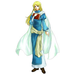 Rule 34 | 1boy, blonde hair, blue dress, blue eyes, book, dress, fire emblem, fire emblem: the blazing blade, highres, holding, holding book, long hair, looking at viewer, lucius (fire emblem), male focus, nintendo, official art, smile, solo, wada sachiko, white background