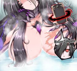 Rule 34 | 2girls, black hair, breasts, cellphone, collarbone, commentary request, dragon claw, dragon girl, dragon horns, english text, g (genesis1556), grabbing own breast, grey hair, hair between eyes, hair censor, hair over one eye, head out of frame, highres, horns, jitome, large breasts, long hair, mia (g (genesis1556)), monster girl, multicolored hair, multiple girls, nude, onsen, original, parted lips, phone, red eyes, scales, scar, scar on breasts, scar on chest, sidelocks, smartphone, solo focus, spoken character, steam, triangle mouth, very long hair, water, wet, white hair, zenobia (g (genesis1556))