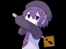 Rule 34 | !, 1girl, arms up, beret, black background, black beret, black hat, black sleeves, commentary request, copyright name, covered mouth, eighth note, grey shirt, hair between eyes, hat, hngakimaranai, holding, long sleeves, looking at viewer, musical note, necktie, no nose, purple eyes, purple hair, purple necktie, road sign, shirt, short hair, sign, simple background, solo, tie clip, upper body, utane uta, utau, warning sign