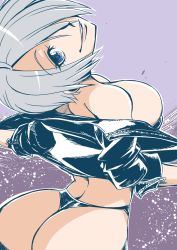 Rule 34 | 1girl, angel (kof), ass, breasts, hair over one eye, highres, large breasts, looking at viewer, looking back, muramasa mikado, smile, snk, solo, the king of fighters, thong, white hair