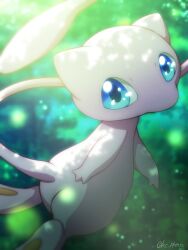 Rule 34 | blue eyes, blurry, commentary request, creatures (company), day, flying, from side, game freak, gen 1 pokemon, highres, legendary pokemon, looking at viewer, mew (pokemon), monaka (hc pkmn), mythical pokemon, nintendo, no humans, outdoors, pokemon, pokemon (creature), solo, watermark