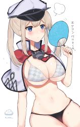 Rule 34 | 1girl, bikini, black bikini, blonde hair, blue eyes, blush, breasts, capelet, checkered bikini top, cleavage, closed mouth, graf zeppelin (kancolle), grey bikini, hair between eyes, hand fan, hat, highres, holding, holding fan, kantai collection, large breasts, long hair, looking at viewer, motion lines, navel, necktie, paper fan, peaked cap, qqqmei, red necktie, sidelocks, simple background, skindentation, solo, summer, sweat, swimsuit, twintails, twitter username, white background, white hat