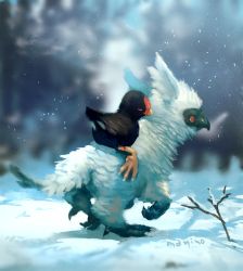 Rule 34 | animal focus, bad id, bad pixiv id, bird, blurry, blurry background, closed eyes, commentary request, creature, depth of field, closed eyes, highres, manino (mofuritaionaka), no humans, original, outdoors, riding, scenery, signature, sleeping, snow, snowing, u u