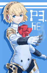 Rule 34 | 1girl, aegis (persona), android, blonde hair, blue eyes, bow, bowtie, closed mouth, commentary, cowboy shot, finger cannon, hair between eyes, highres, joints, koto noha, looking at viewer, outstretched arm, persona, persona 3, persona 3 reload, red bow, red bowtie, robot ears, robot joints, short hair, solo