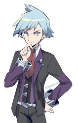 Rule 34 | 1boy, belt, belt buckle, black jacket, black pants, blouse, blue hair, buckle, collared shirt, commentary request, cowboy shot, creatures (company), game freak, grey background, hand on own chin, hand on own hip, hand up, jacket, long sleeves, male focus, momoji (lobolobo2010), necktie, nintendo, open clothes, open jacket, pants, parted lips, pokemon, pokemon oras, red necktie, shirt, short hair, simple background, solo, spiked hair, steven stone, stroking own chin, vest, white shirt