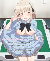 Rule 34 | 1girl, ;d, absurdres, black bow, black bowtie, black ribbon, blonde hair, blue shirt, bow, bowtie, breasts, breasts out, commentary request, cum, cum on body, cum on breasts, cum on hair, cum on upper body, facial, hair ribbon, highres, kawahigashi pai, large breasts, looking at viewer, one eye closed, open mouth, orange eyes, pon no michi, ribbon, shirt, short hair, sincos, sitting, smile, solo, thighs, translation request, v