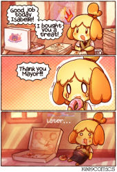 Rule 34 | 1girl, ^^^, animal crossing, animal ears, bell, blonde hair, blush, blush stickers, chibi, comic, dog, dog ears, dog girl, dog tail, doughnut, english text, food, furry, furry female, hair ornament, isabelle (animal crossing), kataro, nintendo, open mouth, skirt, smile, solo, tail, villager (animal crossing)