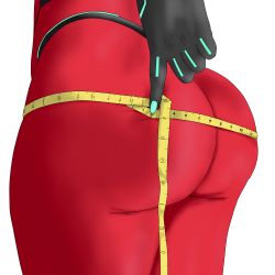Rule 34 | 1girl, absurdres, artist request, ass, ass focus, bodysuit, from behind, gloves, highres, huge ass, measuring, red bodysuit, shiny clothes, skin tight, solo, tape, virtual youtuber, zentreya