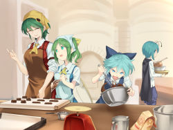Rule 34 | 4girls, :d, ^ ^, antennae, apron, ascot, asutora, black cape, blue bow, blue dress, blue eyes, blue hair, blue shorts, blush, bow, bowl, breasts, brown apron, cape, cirno, closed eyes, commentary request, cowboy shot, daiyousei, dress, fairy wings, green apron, green eyes, green hair, hair between eyes, hair bow, hand up, head scarf, holding, holding bowl, index finger raised, indoors, kazami yuuka, large breasts, long sleeves, looking at another, measuring cup, medium breasts, mixing bowl, multiple girls, one side up, open mouth, pinafore dress, plaid, plaid skirt, plaid vest, red skirt, red vest, shirt, short hair, short sleeves, shorts, skirt, skirt set, sleeveless dress, smile, standing, touhou, upper body, v-shaped eyebrows, vest, weighing scale, whisk, white shirt, wings, wriggle nightbug, yellow ascot