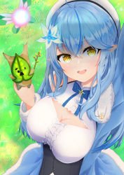 Rule 34 | 1girl, :d, absurdres, ahoge, arm up, bare shoulders, beret, blue bow, blue flower, blue hair, blue jacket, bow, braid, breasts, center frills, cleavage, cleavage cutout, clothing cutout, day, flower, frills, fur-trimmed sleeves, fur trim, grass, hair between eyes, hair flower, hair ornament, half updo, hat, highres, holding, hololive, jacket, long hair, long sleeves, looking at viewer, medium breasts, multicolored hair, neko punch (user hddm3373), open clothes, open jacket, open mouth, outdoors, pointy ears, shadow, shirt, sleeveless, sleeveless shirt, smile, streaked hair, very long hair, virtual youtuber, white flower, white headwear, white shirt, yellow eyes, yukihana lamy