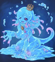 Rule 34 | 1girl, breasts, brooch, cleavage, crown, female focus, hair over one eye, high collar, highres, jewelry, lcbutter, long hair, monster girl, necklace, open mouth, original, purple eyes, sharp teeth, sitting, slime, slime girl, solo, tail, teeth, wariza