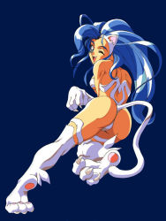 Rule 34 | 1girl, :d, animal ears, animal hands, ass, big hair, blue hair, capcom, cat ears, cat tail, claws, fangs, felicia (vampire), fur, long hair, looking back, mon mon, one eye closed, open mouth, simple background, smile, solo, tail, vampire (game), wink