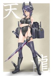 Rule 34 | 10s, 1girl, bare shoulders, between breasts, black footwear, black gloves, black one-piece swimsuit, blush, boots, border, breasts, cameltoe, checkered clothes, checkered necktie, checkered neckwear, collarbone, competition swimsuit, eyepatch, full body, gloves, hair between eyes, hand on own arm, headgear, highleg, highleg swimsuit, highres, holding, holding own arm, holding sword, holding weapon, kantai collection, large breasts, legs apart, looking at viewer, machinery, mashinatsu, necktie, necktie between breasts, one-piece swimsuit, one eye covered, parted lips, partially fingerless gloves, purple hair, scabbard, sheath, short hair, skin tight, solo, standing, swimsuit, sword, tenryuu (kancolle), turret, unsheathed, weapon, white border, yellow eyes