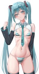 1girl absurdres aqua_eyes aqua_hair aqua_necktie bikini black_sleeves black_thighhighs breasts commentary_request detached_sleeves gluteal_fold hair_between_eyes hatsune_miku highres lds_(dstwins97) long_hair looking_at_viewer medium_breasts meme_attire miku_collar_bikini navel necktie simple_background solo standing striped_bikini striped_clothes swimsuit thighhighs twintails very_long_hair vocaloid white_background