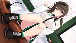 Rule 34 | 1girl, ass, black footwear, black skirt, board eraser, breasts, brown hair, chalk, chalkboard, closed mouth, collared shirt, commentary request, desk, frilled skirt, frills, green socks, hairband, highres, lab coat, looking at viewer, medium breasts, medium hair, microphone, on desk, original, partial commentary, poster (object), purple eyes, sasahara wakaba, shirt, shoes, short socks, sitting, on desk, skirt, smile, sneakers, socks, solo, thighs, twintails, white shirt